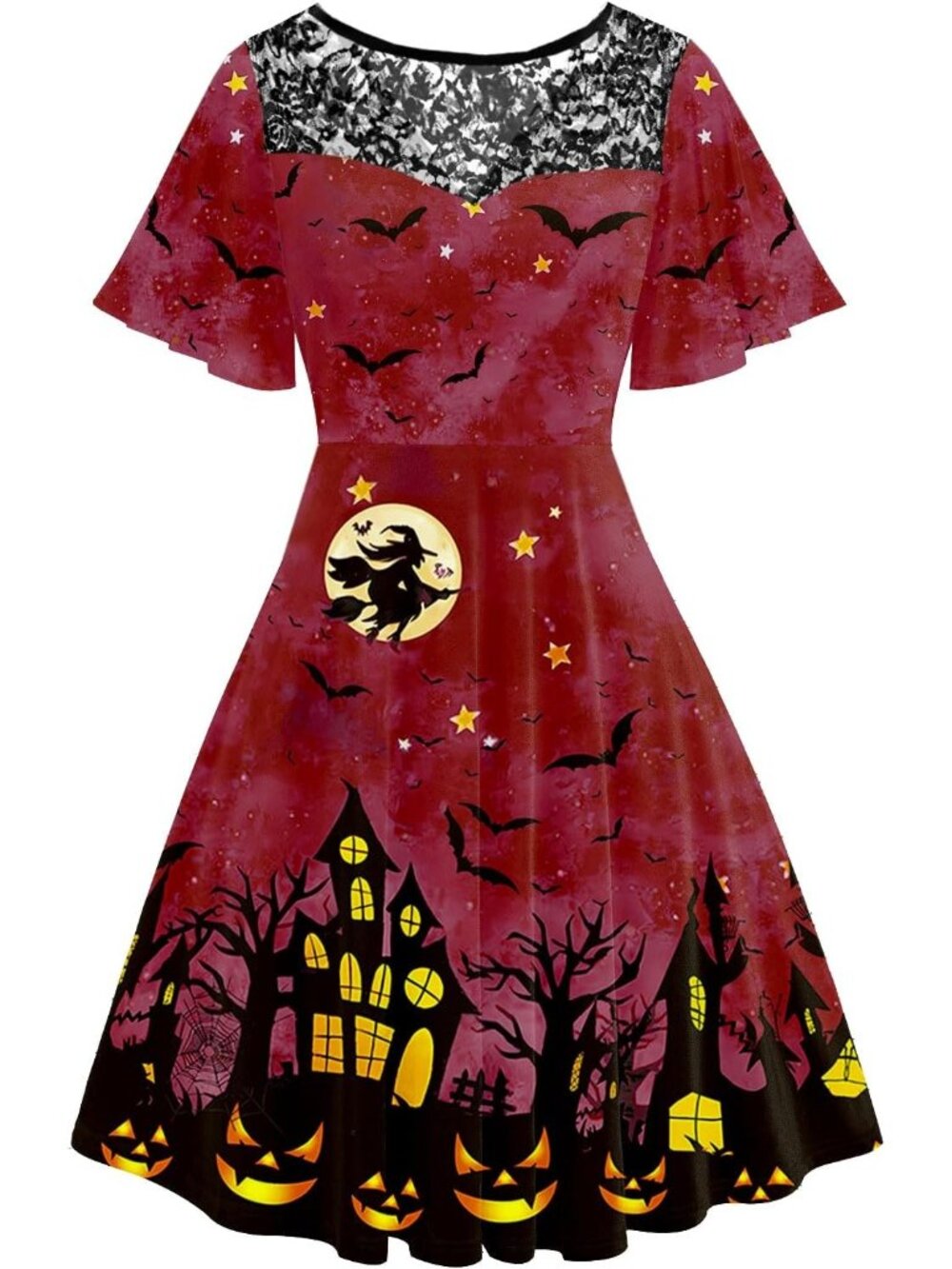 Women's Wine Red Halloween Dress Lace Flutter Sleeve A-Line Party Dresses